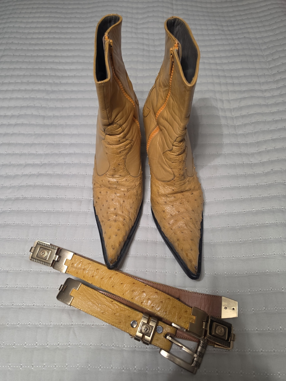 Ostrich Leather Pointed-Toe Cowboy Boots with Matching Belts